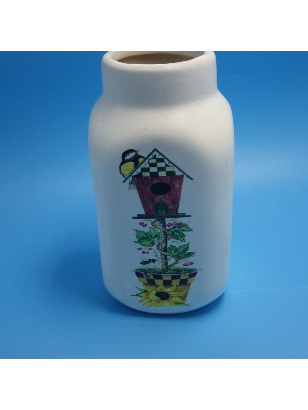Hand Painted Ceramic Vase Birdhouse Garden Design Cottage Farmhouse Milk White